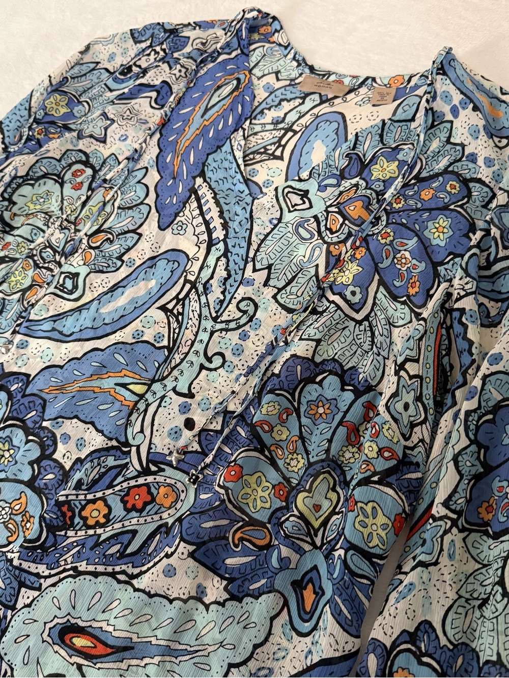 i.e. Woman XL 100% Silk Blouse Blue Paisley Floral Boho Tunic Top Long Sleeve
